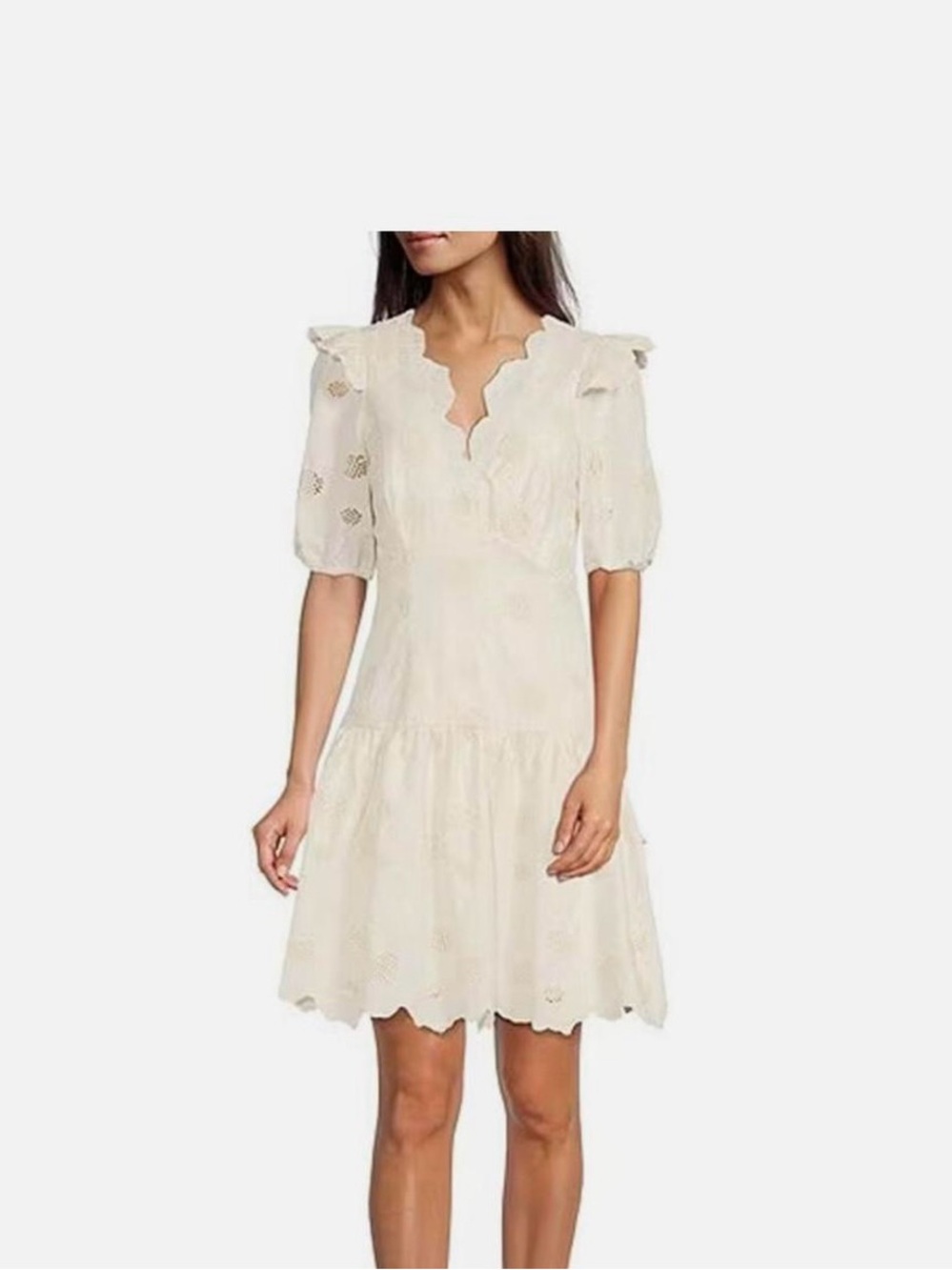 Alex Marie Cream Scalloped V-Neck Eyelet Dress